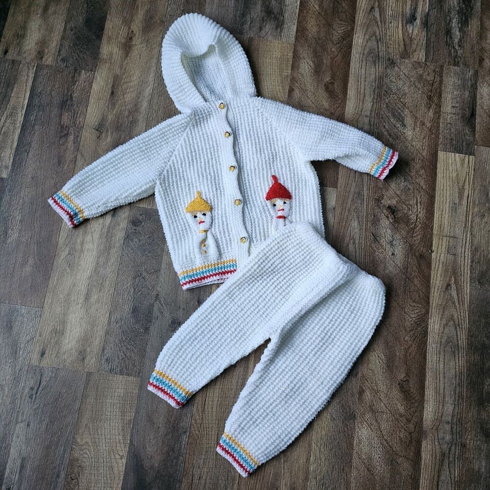 Vintage Kids' Knit Snowman Hooded Cardigan and Jogger Pants Set, Handmade, Rare